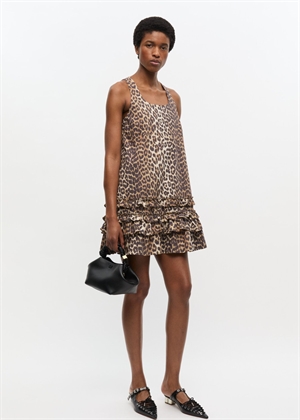 Printed cotton poplin U-neck mini kjole Leopard W0906 Ganni 